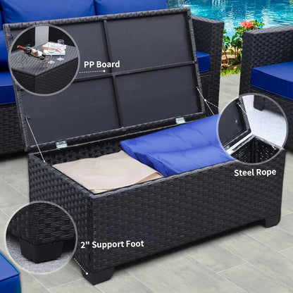 6 Pieces Patio Wicker Furniture Set,  Outdoor PE Rattan Conversation Couch,  Sectiona, l Chair /Sofa Set with Royal Blue