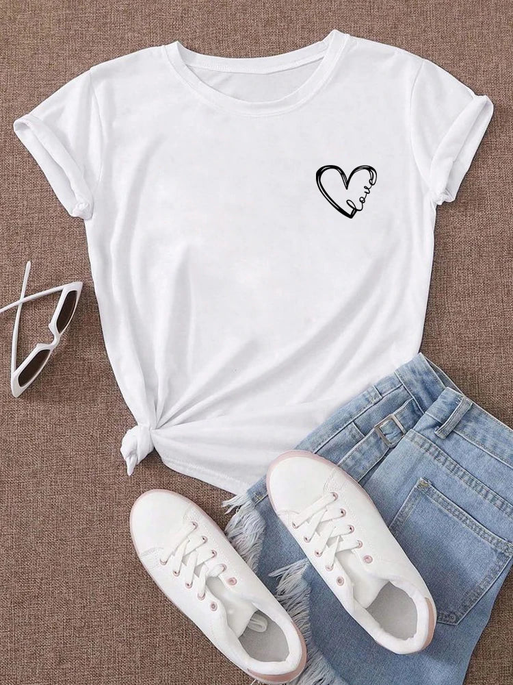 Love Heart Printed Trend,  Womens,Fashion Clothing,  Graphic T-shirts , Female Short Sleeve,Casual Tee