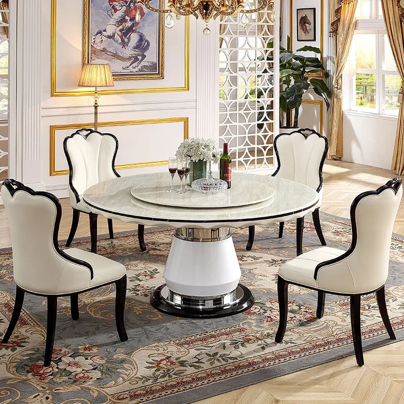 Marble, round dining table and chair combination, black and white simple, modern,  light luxury dining table with turntable