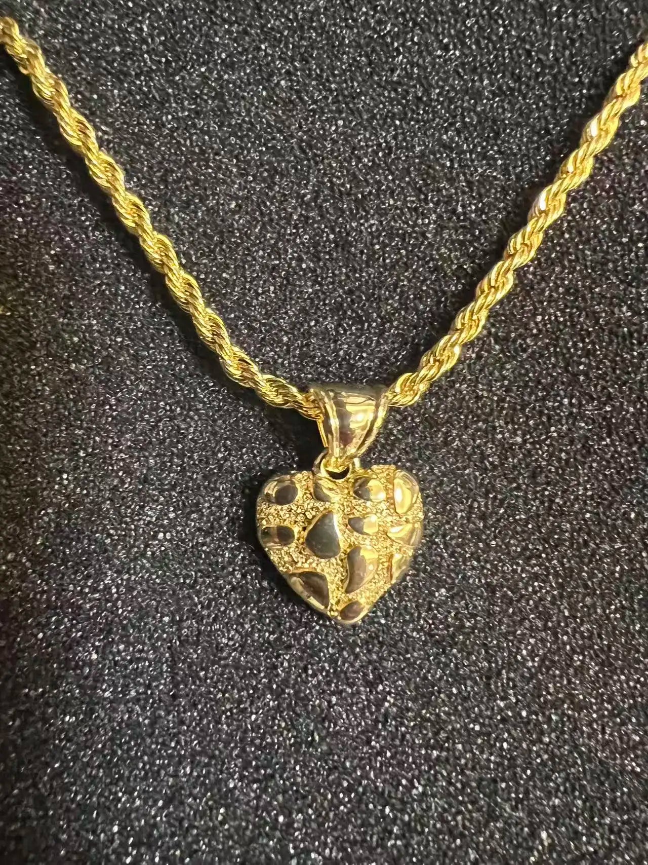 18K Gold Filled Rope Chain Necklace Nugget Heart Pendant
