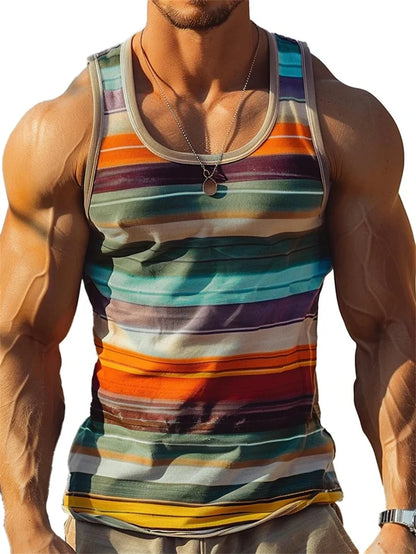 Retro Striped Graphic Tank Tops For Men. Casual Summer Sleeveless 3D Printed Vest,  Loose Crew Neck Quick Dry Sports Tees.  10 different Stripe Choices.  Lots of size choices also.