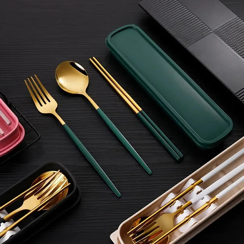 3pcs Thin Portuguese portable stainless steel cutlery  including chopsticks, forks, spoons, student, home,  outdoor,  picnic tableware.  REALLY attractive with the Forest Green Dinnerware.