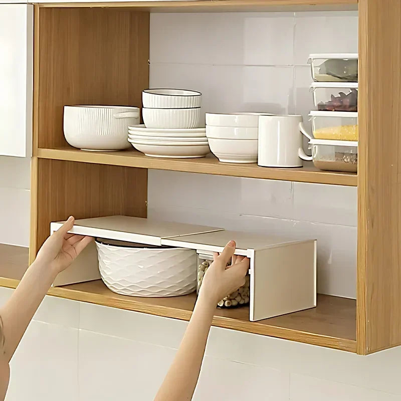 Kitchen Cupboard Organizer  with Retractable Cabinet Shelf .  For Seasoning , Bottles, Spice Rack, Dishes and Kitchen Accessories Storage Rack