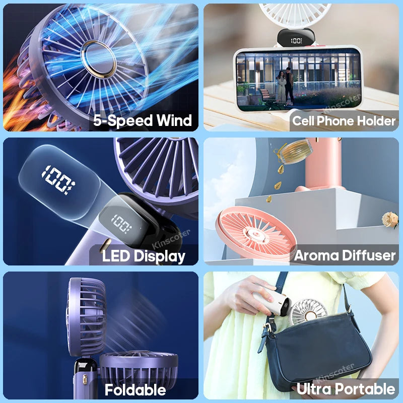 USB,  Handheld Mini Fan,  Foldable,  Portable Neck Hanging Fan,  5- Speed, Rechargeable Fan with Phone Stand and Display Screen.   WHITE is the only color available for sure.