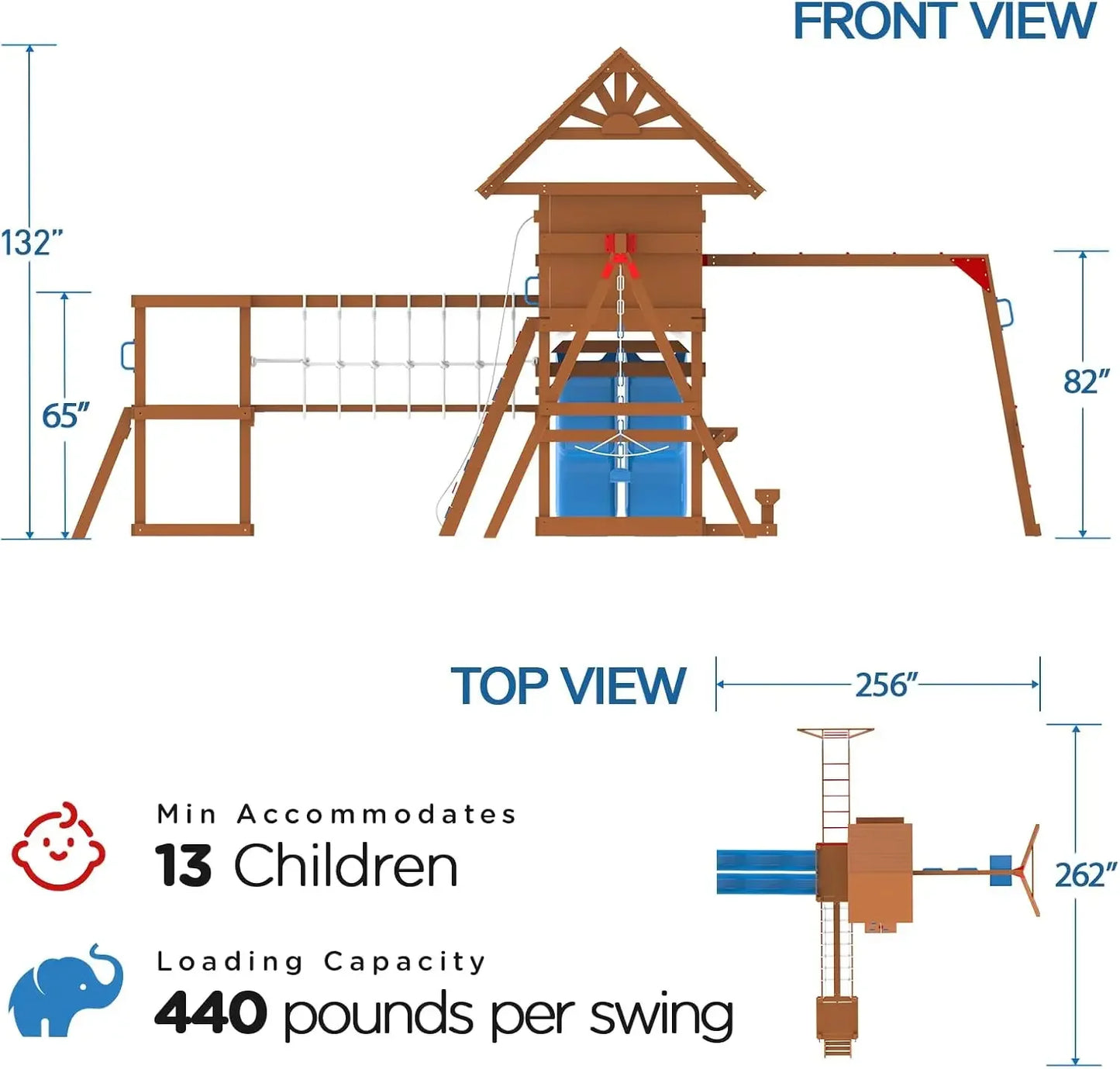 Swing Set for Backyard with Plank Bridge, Wooden Playground Set with 2 Wave Slides, Monkey bar