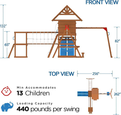 Swing Set for Backyard with Plank Bridge, Wooden Playground Set with 2 Wave Slides, Monkey bar