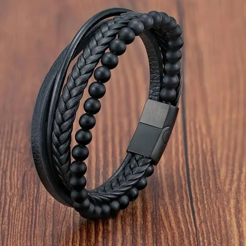Braid Rope Bracelet For Men.   Stainless Steel, Magnetic Buckle,   Genuine Leather Bracelets & Bangles Male /Female Jewelry