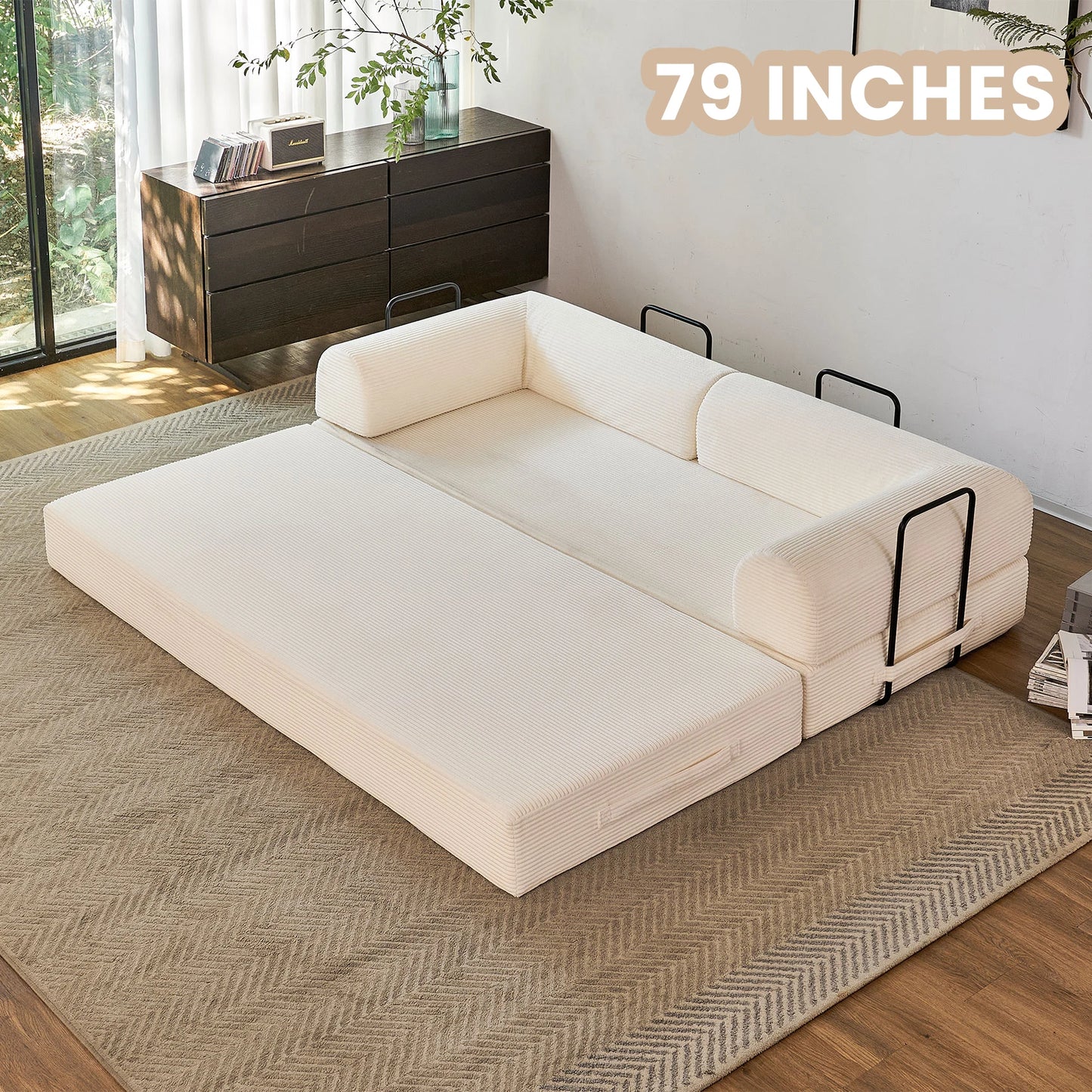 79'' Boneless Couch Foldable Convertible Futon Sleeper Sofa Bed,  Floor Lounge with L-Shaped Armrests for Living Room Sofas