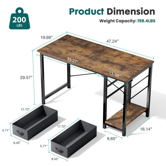 JHK 47IN Computer Desk with 2 Drawers For Study Office Gaming Wood Table with Adjustable Position Drawers Modern Work Table