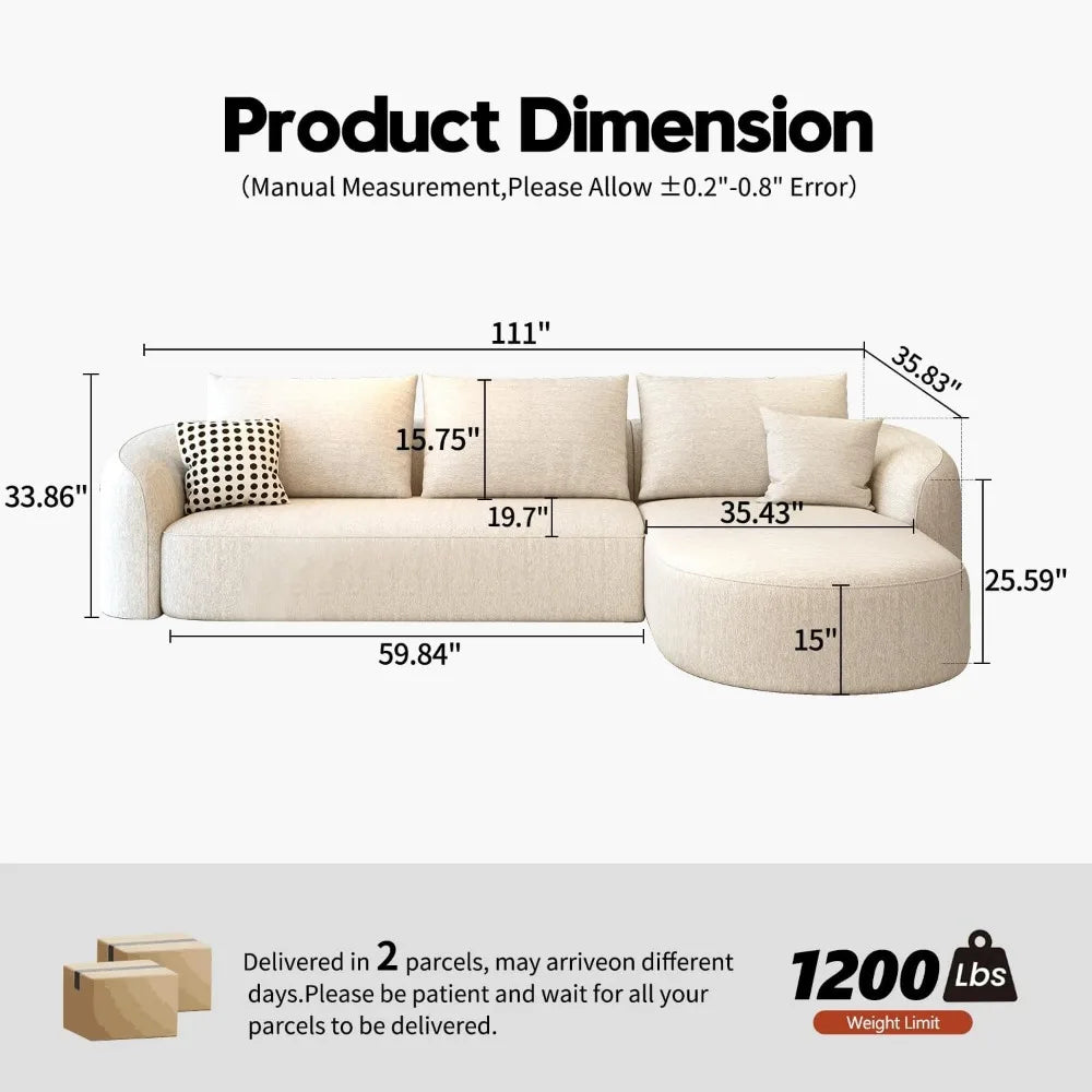 Sectional Couches Luxury Modern Curved Back Sofa, Minimalist Comfy L-Shape Boneless Cloud Couch for Living Room Apart