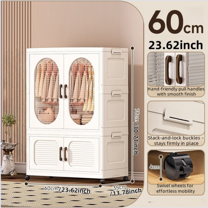 60cm Double-Door Foldable Wardrobe with Wheels - Large Capacity Magnetic Closure Storage for Clothes/Quilts, Bedroom/Living Room