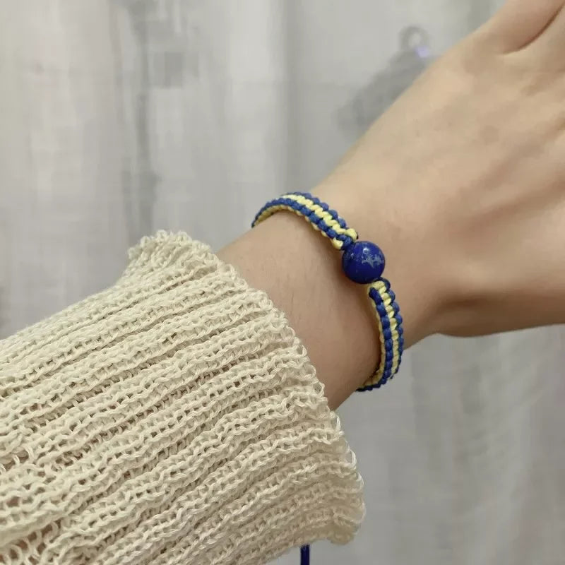 Handmade Blue & Yellow Ukraine Country Peace Love Woven Bracelet Leather Women/ Men Jewelry Gift, Adjustable