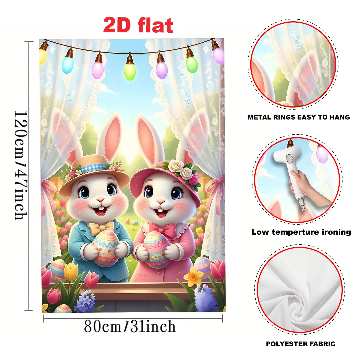 2D flat - 1 Easter party banner: Polyester flat banner with rabbit, Easter egg, tulip and curtain design