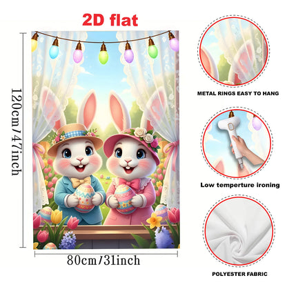 2D flat - 1 Easter party banner: Polyester flat banner with rabbit, Easter egg, tulip and curtain design