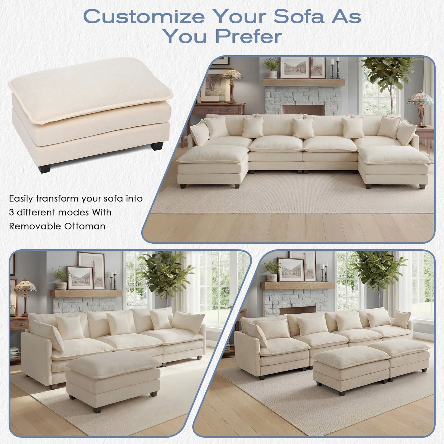 113.4" Modular Sectional Sofa with Ottoman, Comfy Cloud Couch with Deep Seat (23.6" D), Solid Wood Frame, for Living Room