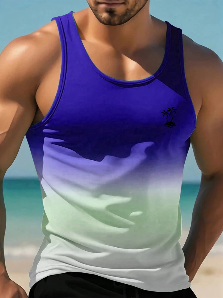 Summer Casual Men's Sleeveless T-shirts,One color bleeding into the next (in a gradient manner)and also VACATION Pictures/Island scenes and  Hawaiian  Land-scapes. Fashion O-Neck,  Tank Top for  Outdoor Beach or just loungin