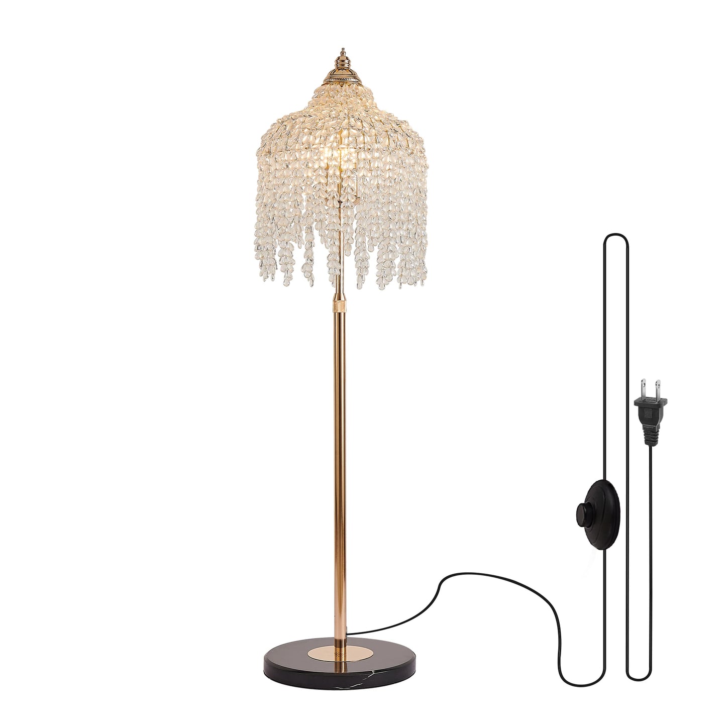 3-Light Elegant Crystal Floor Lamp (Vintage), Waterfall Design with Crystal Bead Strings and Marble Texture Base (No Bulb)