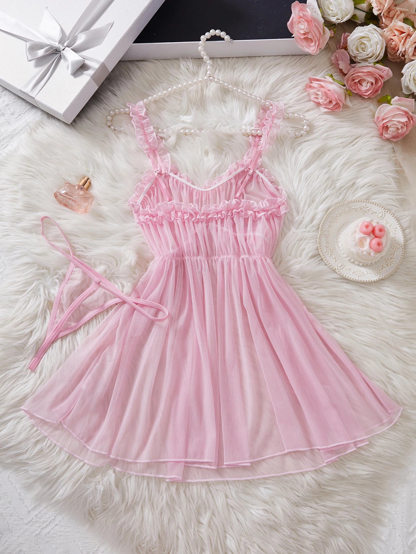 Womens Perspective Mesh Nightdress  with Bow Wrapped Around Chest.   Pink,  Sexy Babydoll Lingerie  for Valentine Day Gift or any other Day.