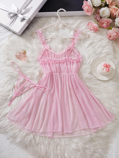 Womens Perspective Mesh Nightdress  with Bow Wrapped Around Chest.   Pink,  Sexy Babydoll Lingerie  for Valentine Day Gift or any other Day.