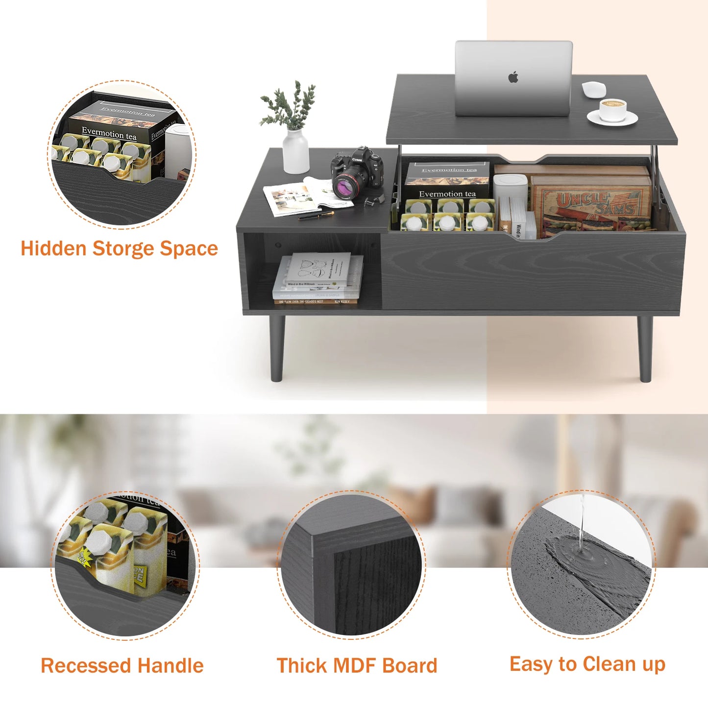JHK Lift Top Coffee Tables For Living Room 39.37"x19.7" /Desk Tea Wood Dining Tables with Adjustable Storage Shelf,  Easy Lift Or Lower