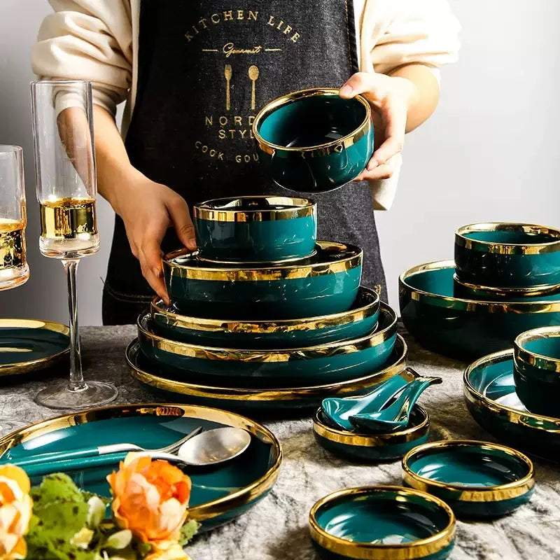 Luxury Forest Green Ceramic Dinnerware Set,  Including  Shallow Plates,  Rice,  Soup Bowls,  Fish,  Dish And Spoon