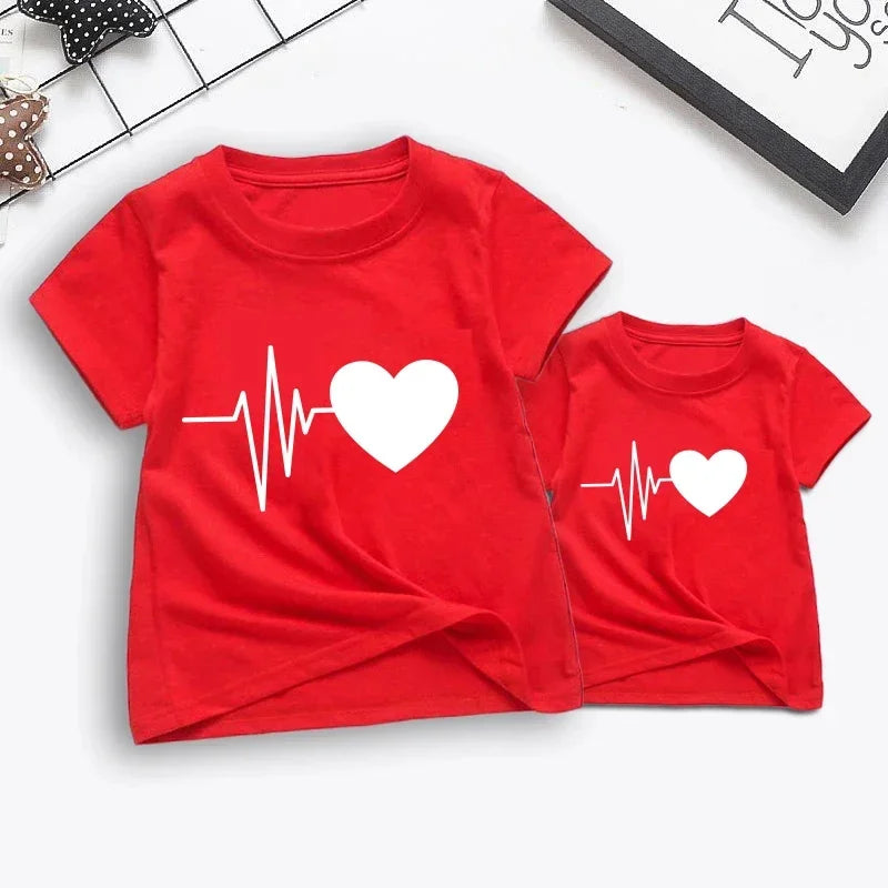1PC Electrocardiogram Printed Family Matching Clothes, T- Shirt Fashion Mother and Child Clothing,  Mommy and Me Family Look T-shirt.  Check sizes for mens sizing.
