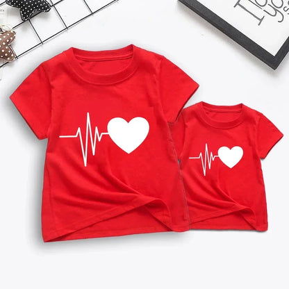 1PC Electrocardiogram Printed Family Matching Clothes, T- Shirt Fashion Mother and Child Clothing,  Mommy and Me Family Look T-shirt.  Check sizes for mens sizing.