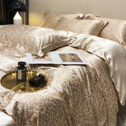High-end Natural Mulberry Silky Blending Duvet Cover Set with Sheets,  Satin Blending, Silky Bedding Set,  Luxury Queen Bedding Sets