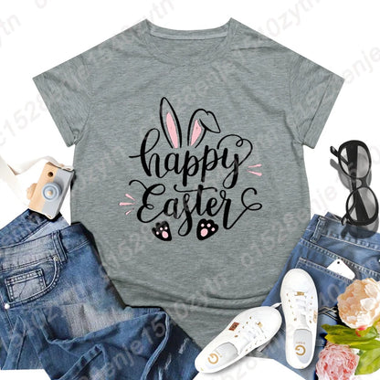 Cute Happy Easter Bunny Print T-Shirts  for Junior Women , Short Sleeve,  Round Neck Tee Shirt Casual,  Soft Summer,  Solid Color T Shirt /Tops