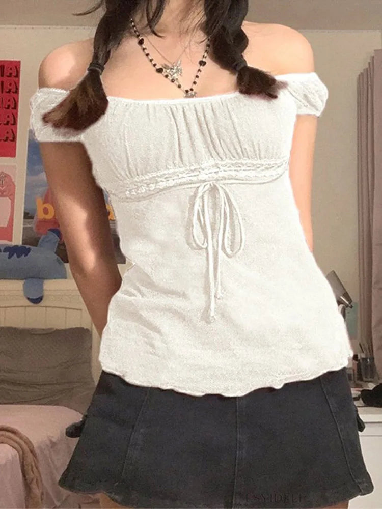Aestheticly Sweet Lace Tops for  Women/GIRLS,  Off- Shoulder,  Drawstring T-shirt,  Female Tee Streetwear