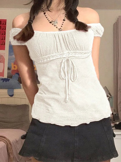 Aestheticly Sweet Lace Tops for  Women/GIRLS,  Off- Shoulder,  Drawstring T-shirt,  Female Tee Streetwear