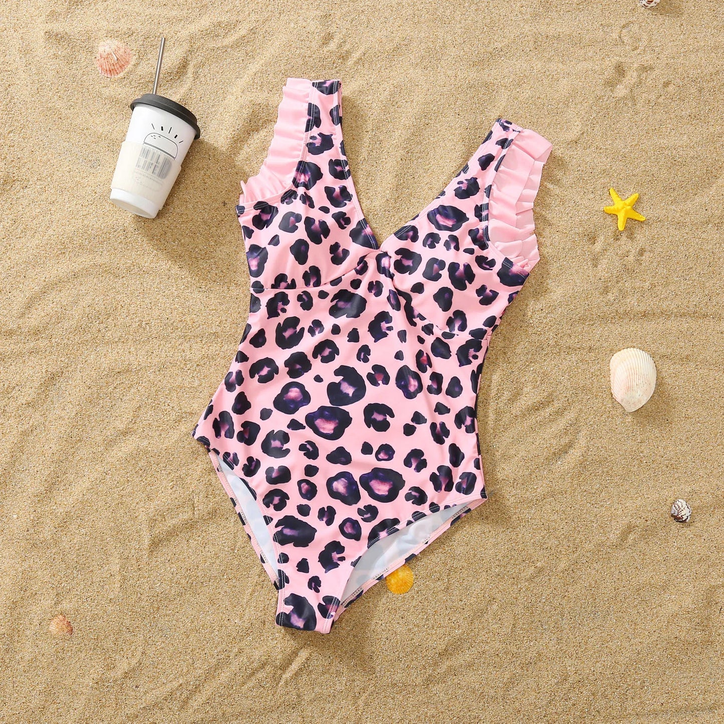Summer Mom -Daughter/ Dad -Son Matching Swimsuit in Pink Leopard Frill Trim One-piece Suit Swimwear Trunks Beachwear Family Look