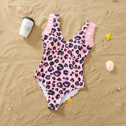 Summer Mom -Daughter/ Dad -Son Matching Swimsuit in Pink Leopard Frill Trim One-piece Suit Swimwear Trunks Beachwear Family Look