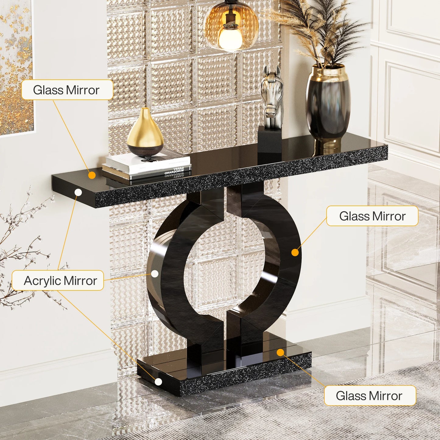 43-Inch Modern Mirrored Console Table,, Glass Sofa Table with Mirror Finish, Entryway Table with O-Shaped Base, Rectangular in Shape