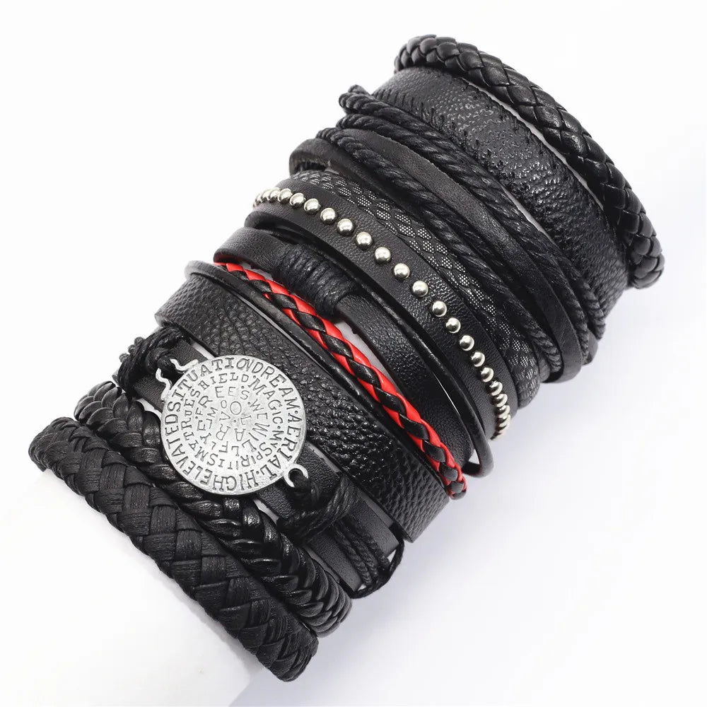 10 Pcs/set Black Wrap Woven, Handmade Mens  Bracelets. Male / Female Leather Bracelets.