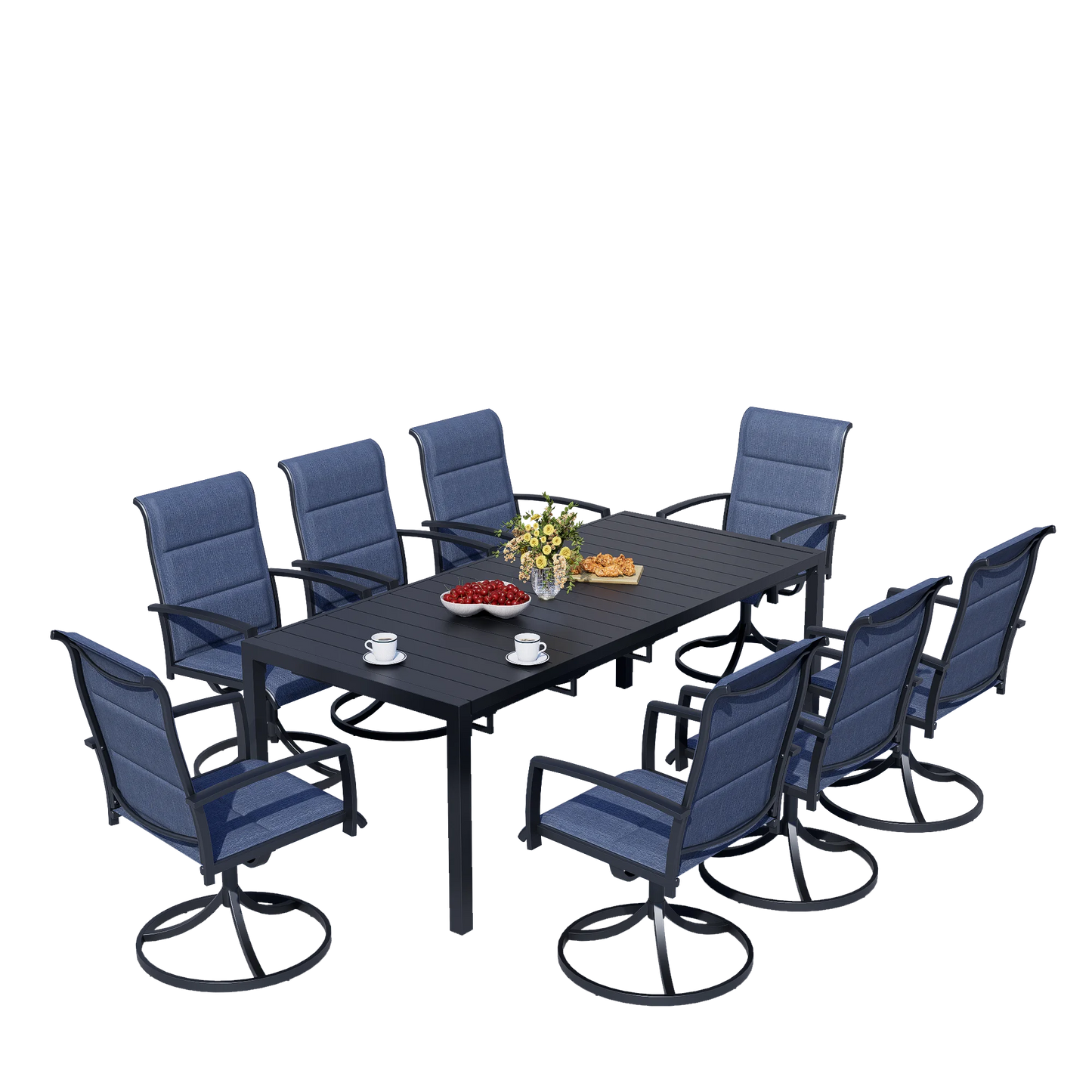 9-Piece Outdoor Dining Set,  Extendable Table & 8 Blue Foam Padded Textilene Swivel Chairs for Patio Garden Poolside. What a outdoor Sit-Down Celebration!!!