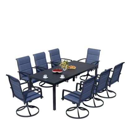 9-Piece Outdoor Dining Set,  Extendable Table & 8 Blue Foam Padded Textilene Swivel Chairs for Patio Garden Poolside. What a outdoor Sit-Down Celebration!!!