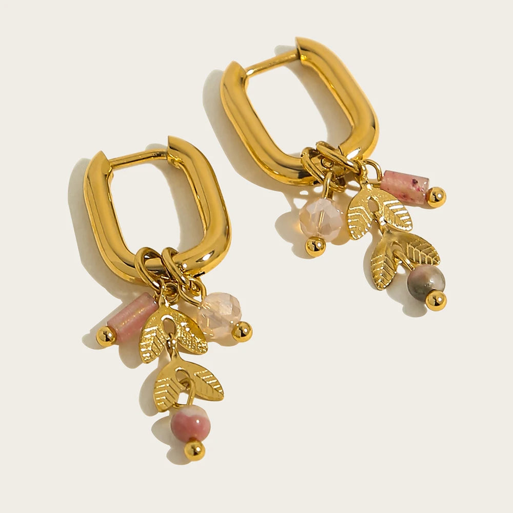 YACHAN 18K Gold Plated Stainless Steel Hoop Earrings for Women Vintage Green Natural Stone Charms Trendy Waterproof Jewelry