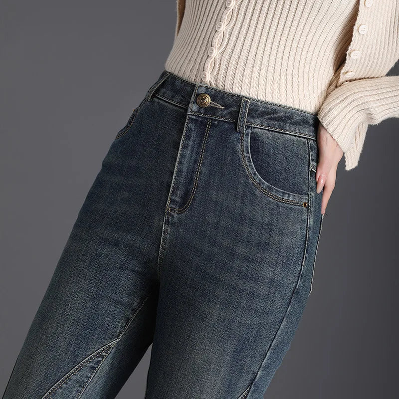 Women's Autumn/Winter New High Waist Micro Horn Jeans,  High Quality Fashion, Slimming,  Plush Casual Pants, Slight STRETCH