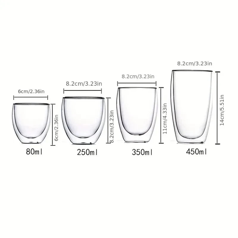 80/250/450ml Double-Wall Insulated Clear Glass Espresso Cups.  Perfect for Tea, Coffee, Latte, Cafe, Milk, Restaurant Use