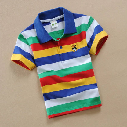 Summer Childrens Short Sleeve Stripe Tees.   Cartoon Bear Embroidery,  Tops Teens Breathable Polo Shirt Kids Clothing