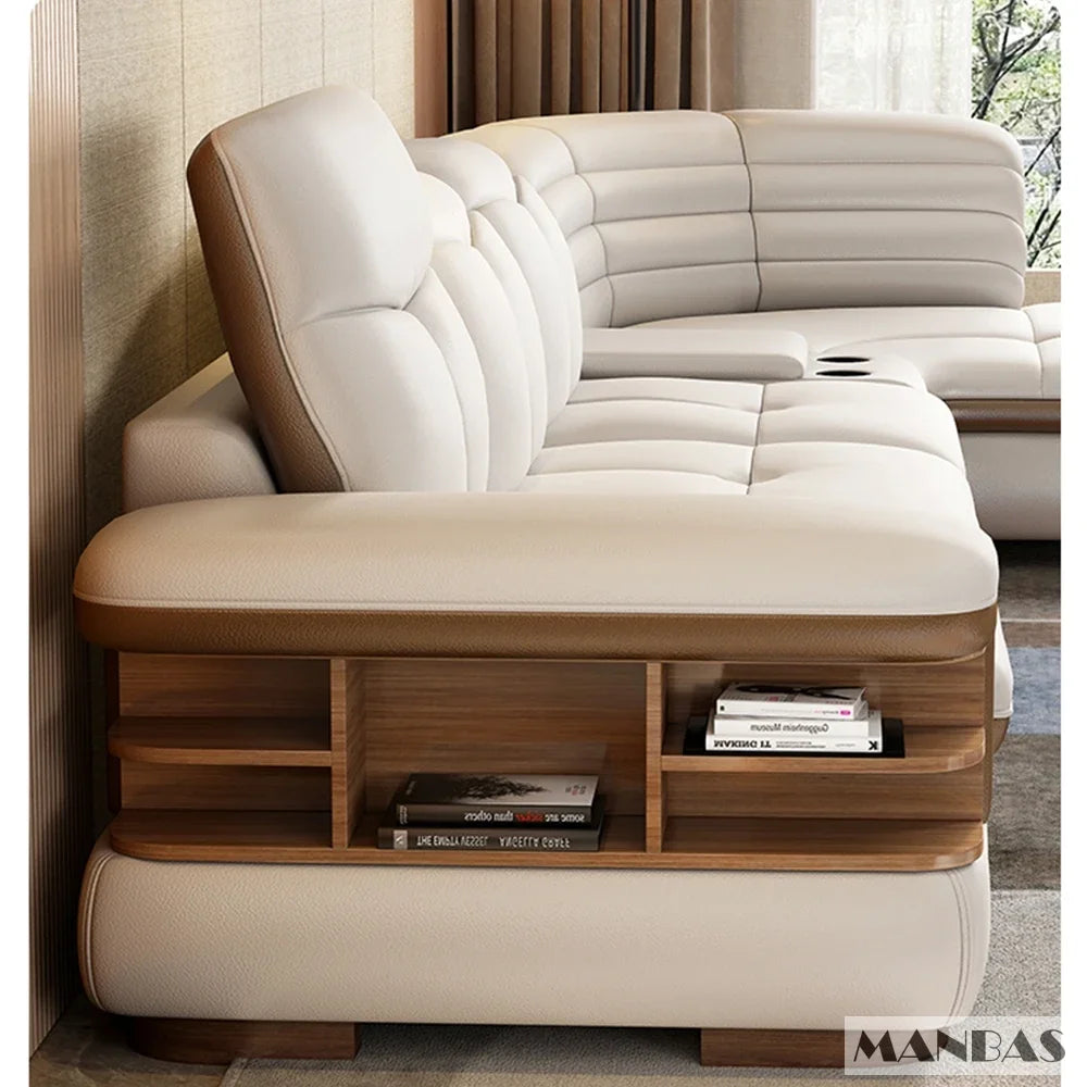Luxury L-Shaped Genuine Leather Sectional Sofa Sets with USB, Bluetooth Speaker - Living Room, Italian Leather Couches