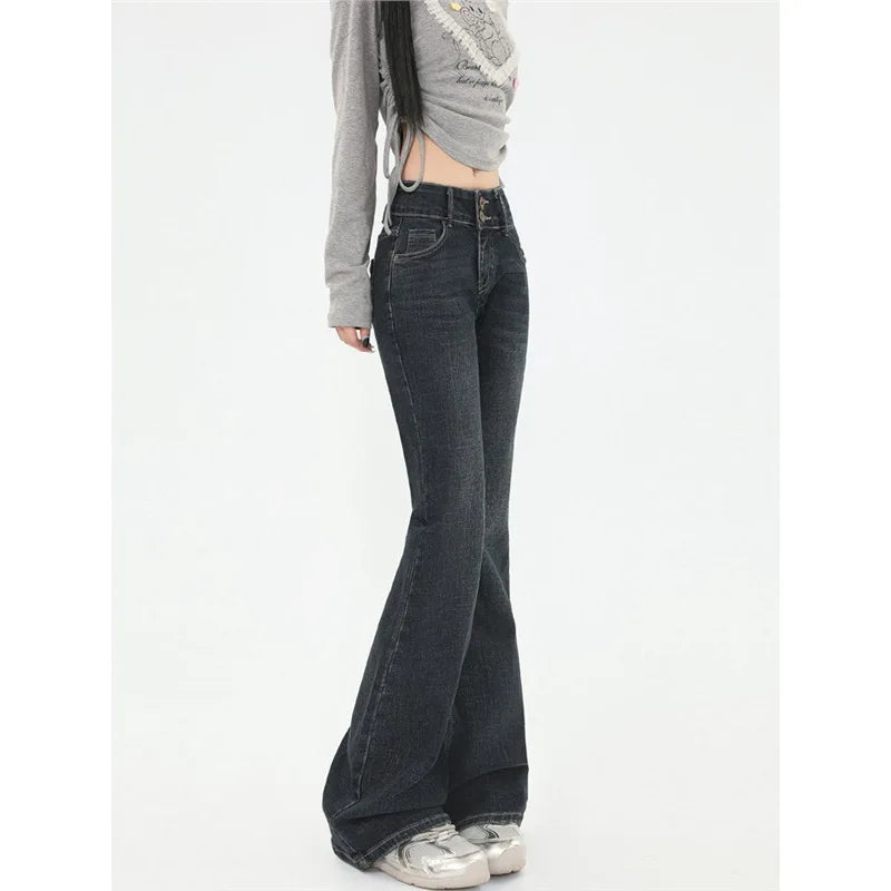 Low-Waist Bell Bottom Jeans Women's Slimming Design American Style Spicy Girl Jeans Cotton Denim Lazy Style Water Washed