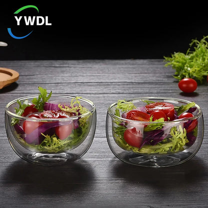 YWDL 300/500ml Clear Double Layer Glass Bowl Heat-resistant Fruit Salad Bowl  Kitchen Glassware For Soup Cereal Dessert Bowls