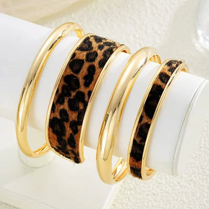 4pcs Bohemian Leopard Print Bracelet Set for Women , Retro Elegant Minimalist PU Leather Bangles,  Daily Wear Jewelry, Gift