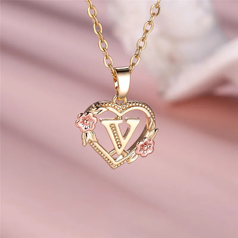 A-Z Letter Flower Pendant Necklace,  Yellow Gold  Wedding Jewelry GifTS