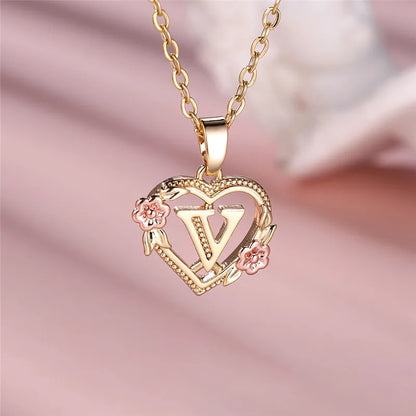 A-Z Letter Flower Pendant Necklace,  Yellow Gold  Wedding Jewelry GifTS