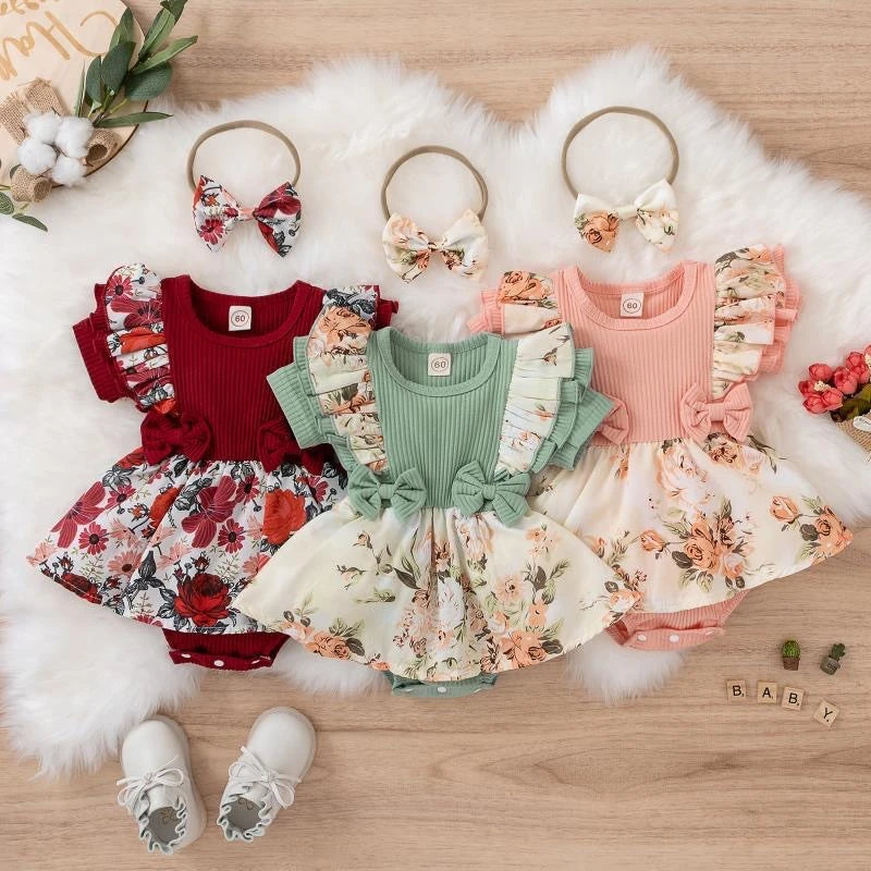 Summer Baby Girl Dress With Bowknot. Striped Jumpsuit, Cotton Dress For Newborn, Floral Clothes for Baby, Crawling Clothes