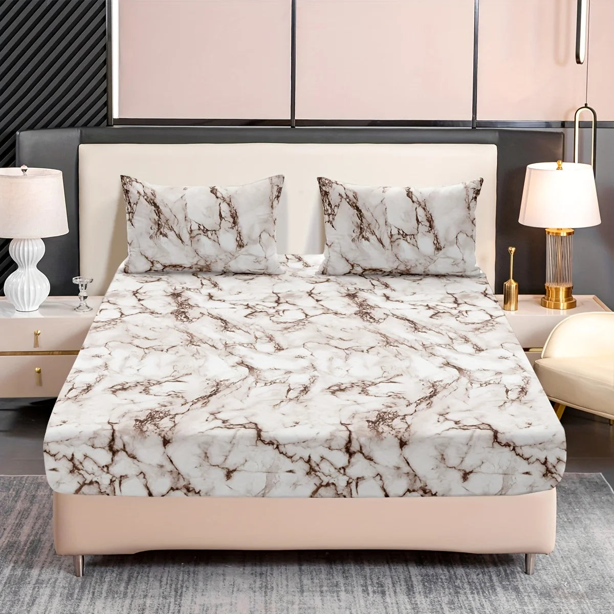 3-Piece Marble Print Fitted Sheet Set - Ultra Soft, Breathable Microfiber Fabric, Hypoallergenic, Wrinkle-Resistant, Easy Care -