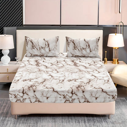 3-Piece Marble Print Fitted Sheet Set - Ultra Soft, Breathable Microfiber Fabric, Hypoallergenic, Wrinkle-Resistant, Easy Care -